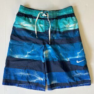 NIKE Boys Swim Trunks Size S EUC Blue/Navy/Teal Elastic + Drawstring Waist